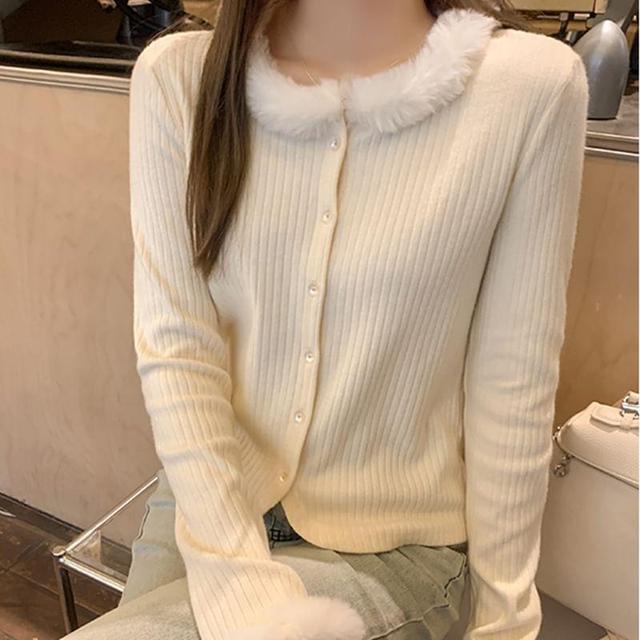 Plain Fluffy Trim Ribbed Cardigan Product Image