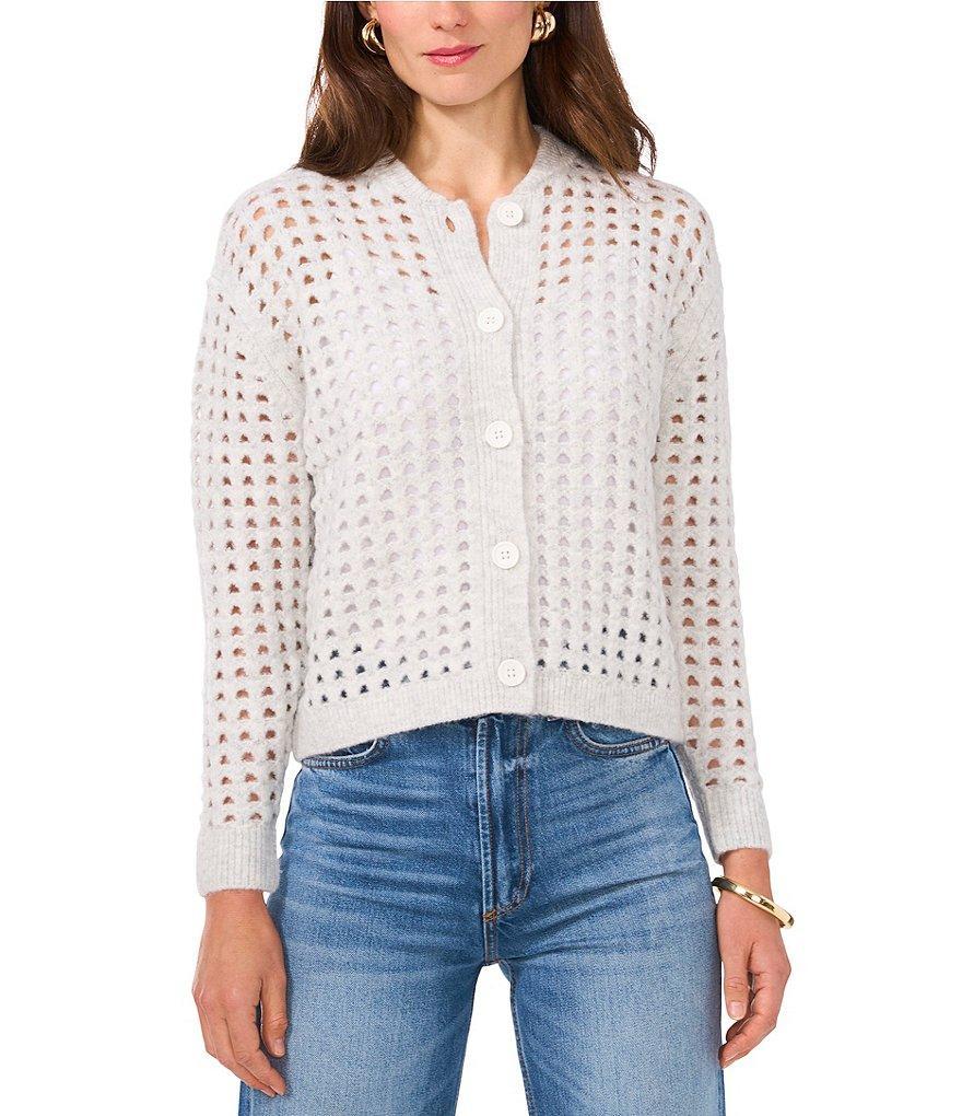 Vince Camuto Sweater Knit Dot Cut Out Crew Neck Dropped Long Sleeve Button Front Cardigan Product Image