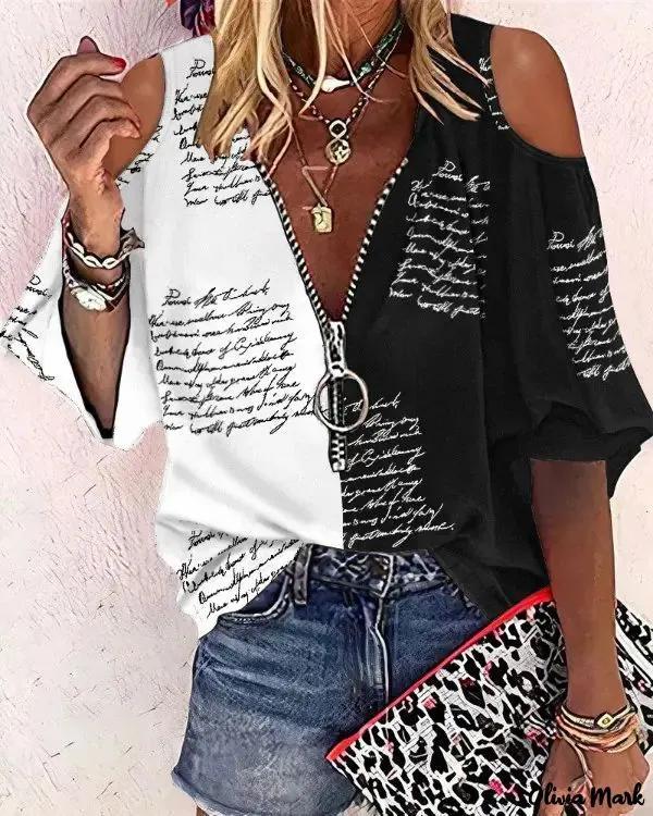 Olivia Mark – Letter Print Color Block Off Shoulder Top Product Image