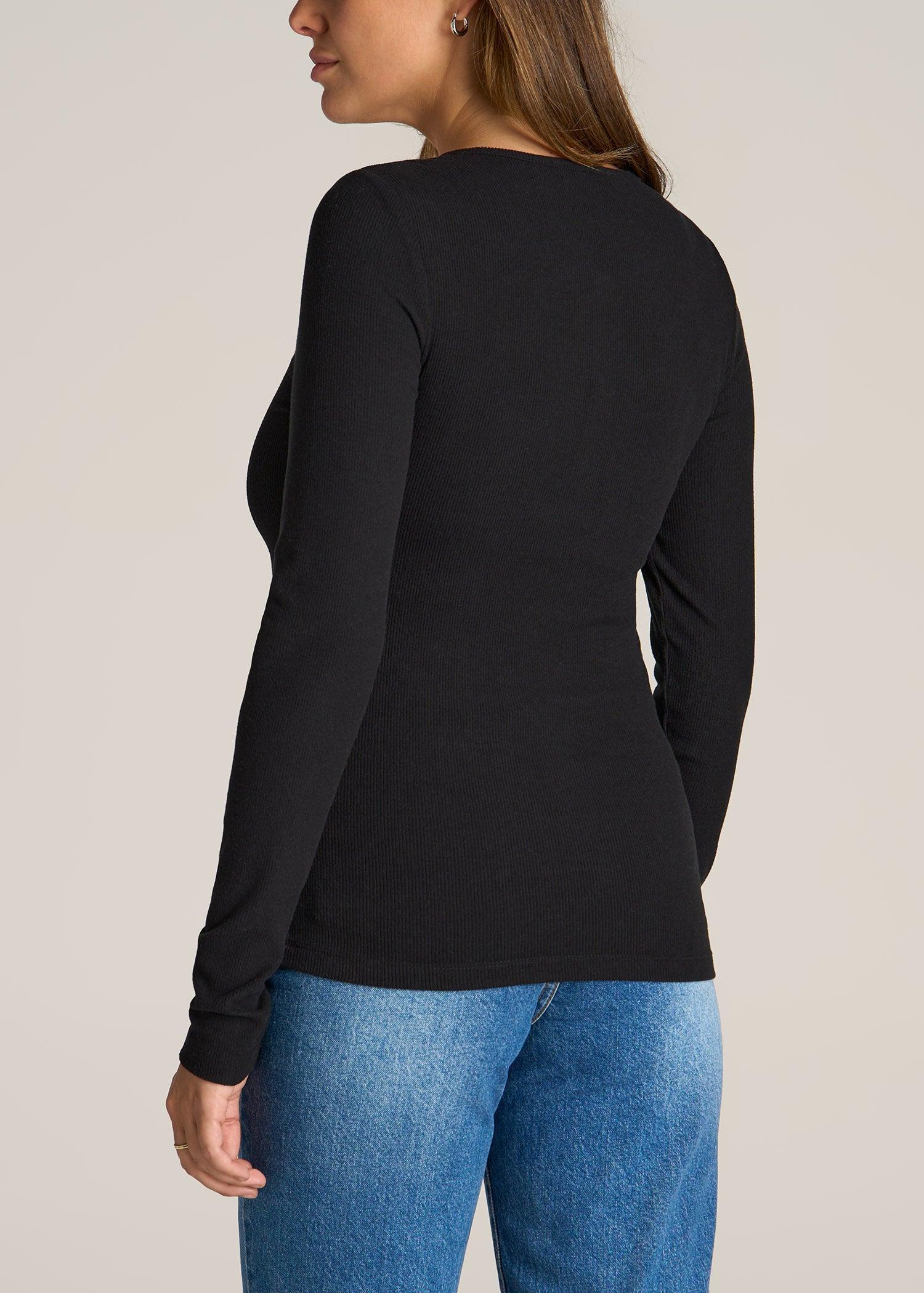 Long Sleeve Ribbed Crewneck Women's Tall Henley Shirt in Black Product Image