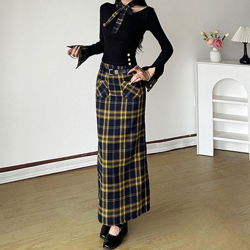 Long-Sleeve Plain Knit Top / High Rise Plaid Pencil Skirt Product Image