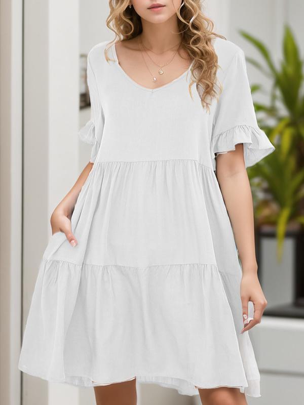 A-Line Flared Sleeves Pleated Pockets Ruffled Solid Color Split-Joint Round-Neck Mini Dresses product image