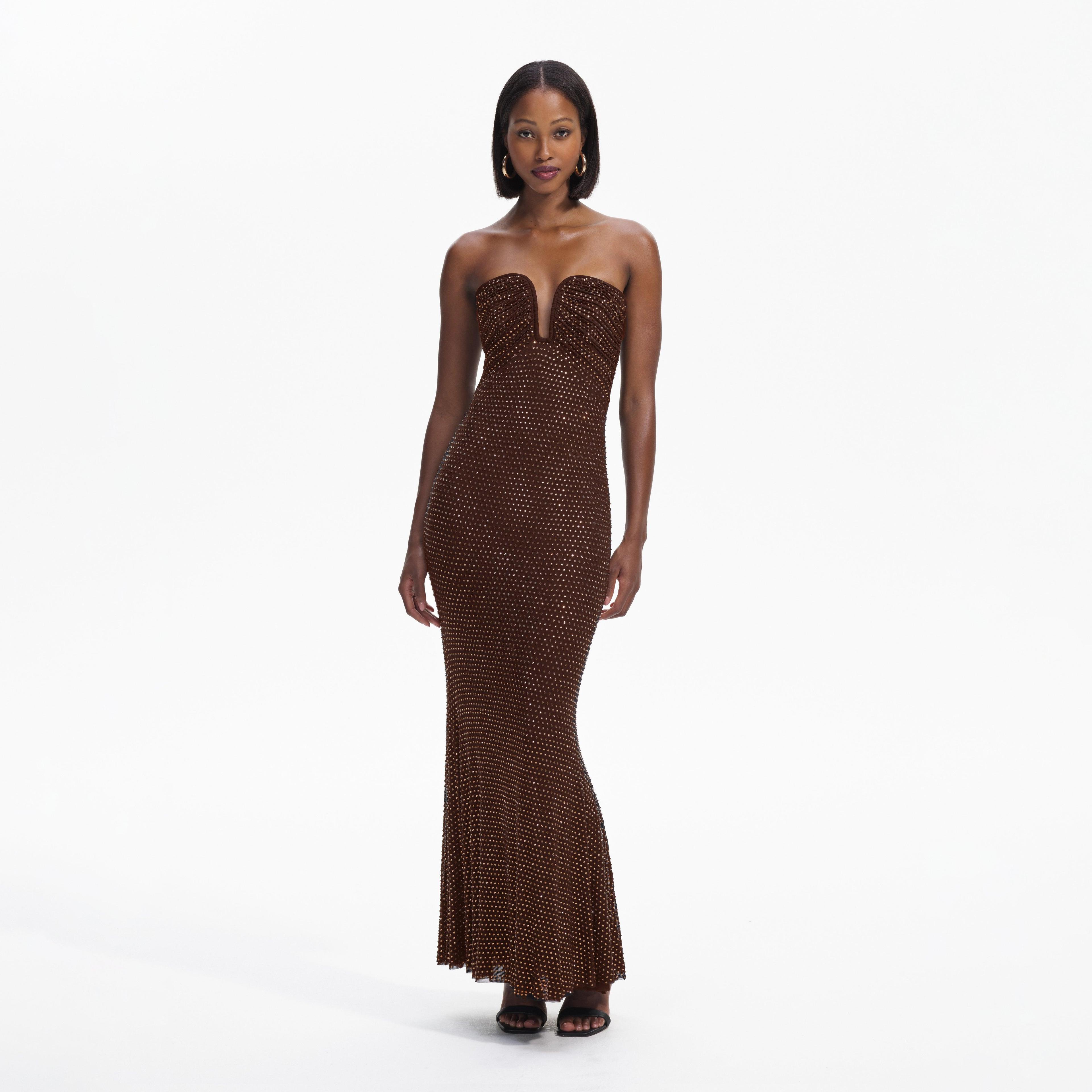 Brown Rhinestone Mesh Maxi Dress Product Image