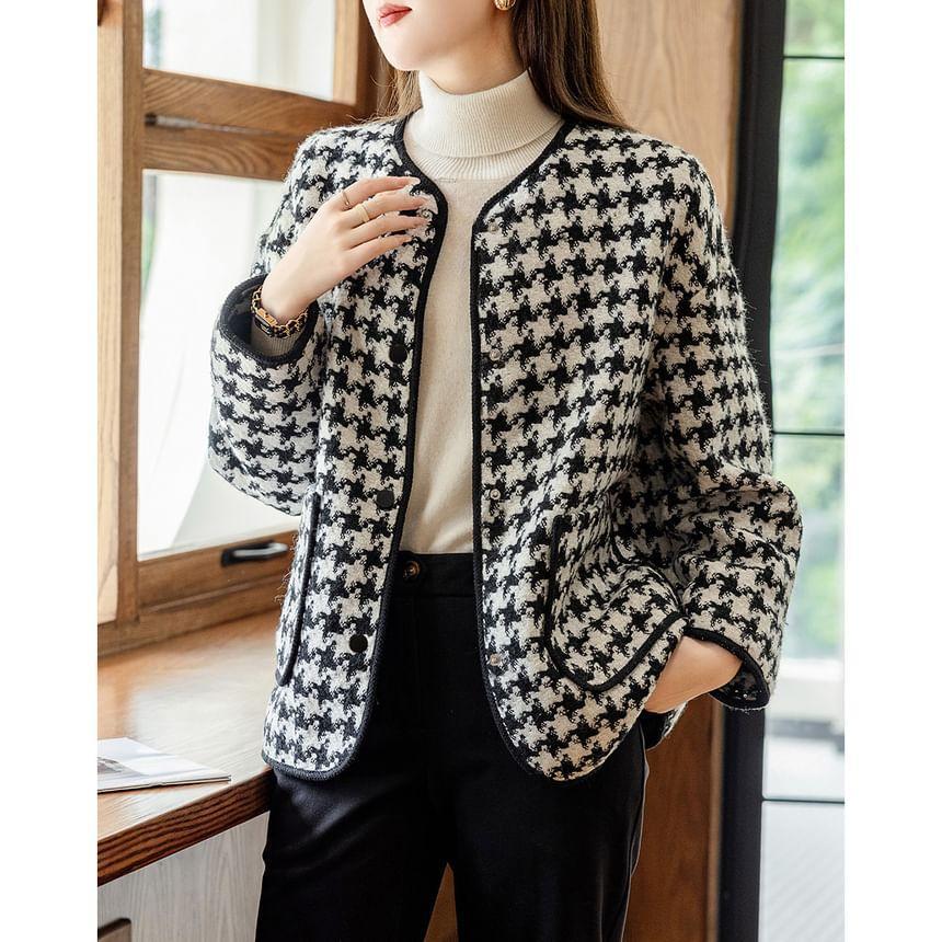 V-Neck Houndstooth Tweed Button Jacket Product Image