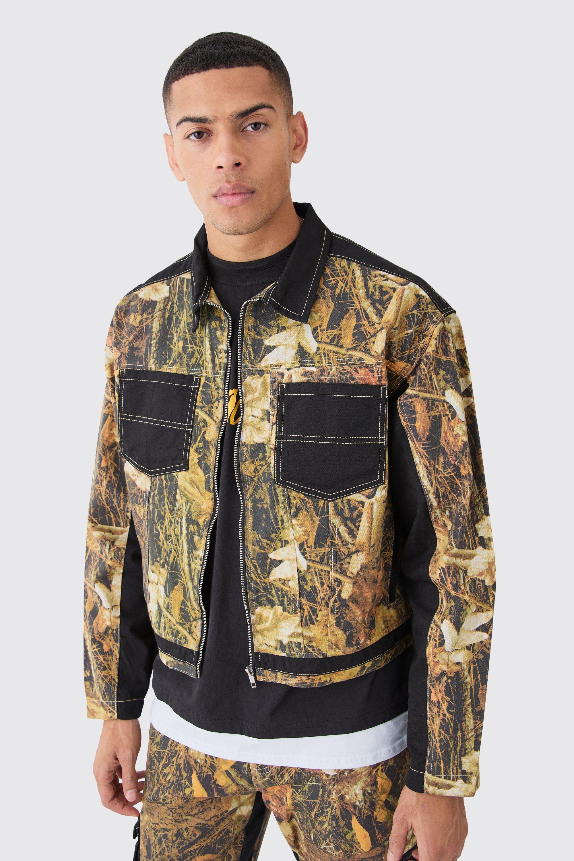 Oversized Boxy Twill Camo Harrington | boohooMAN USA Product Image