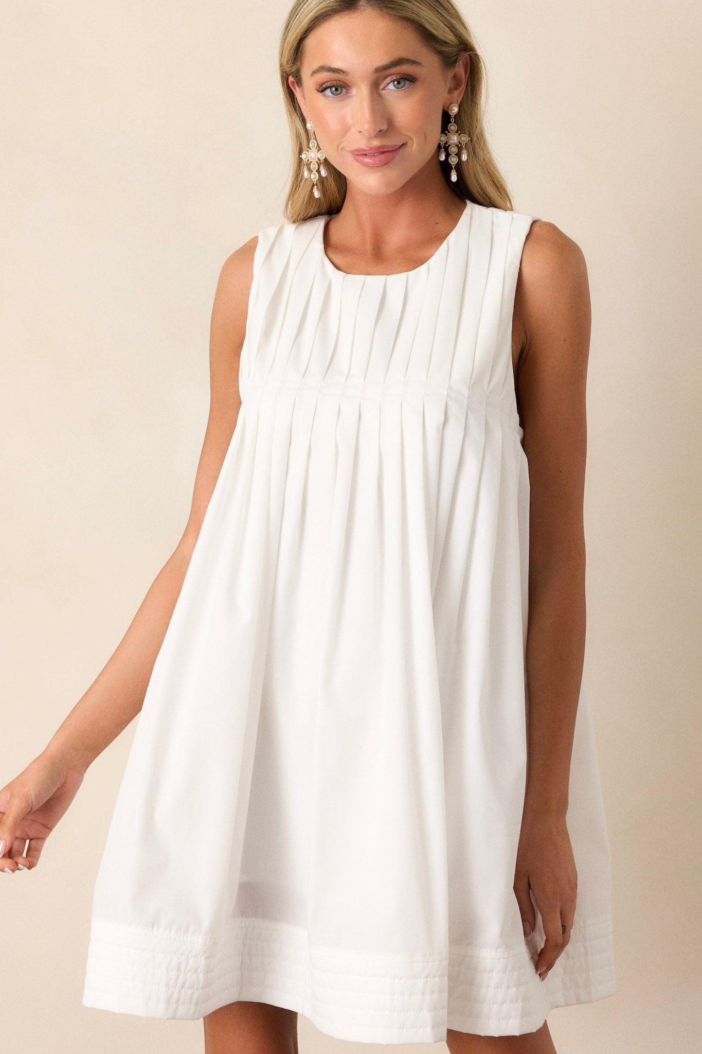 Pleated Petal White Mini Shift Dress Product Image