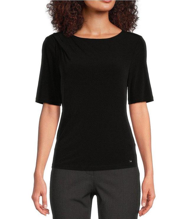 Calvin Klein Solid Knit Crew Neck Elbow Sleeve Drape Top Product Image