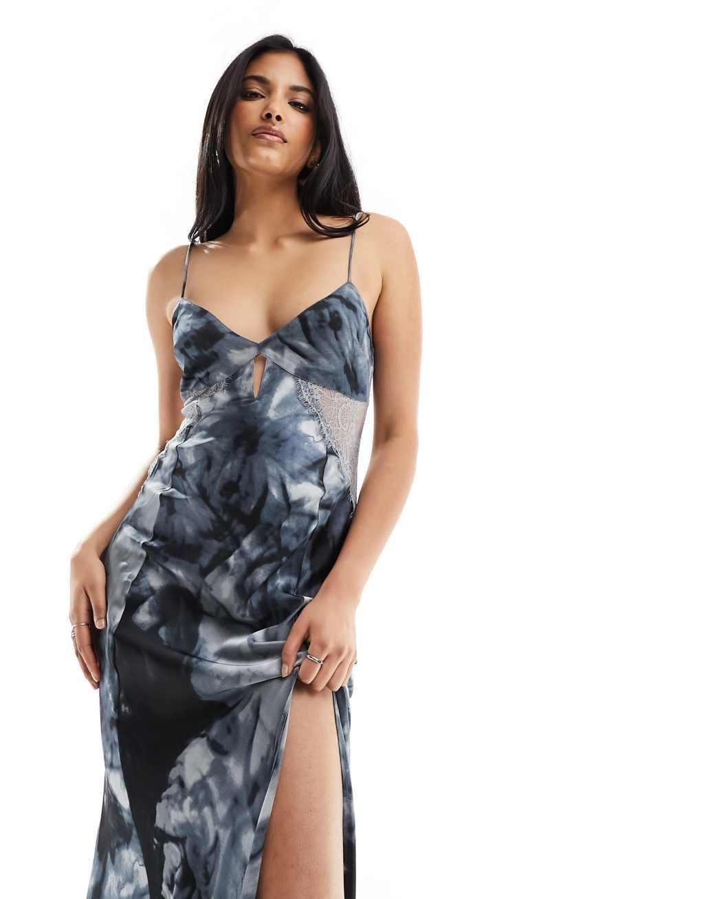 ASOS DESIGN satin lace insert keyhole maxi dress in gray abstract print Product Image