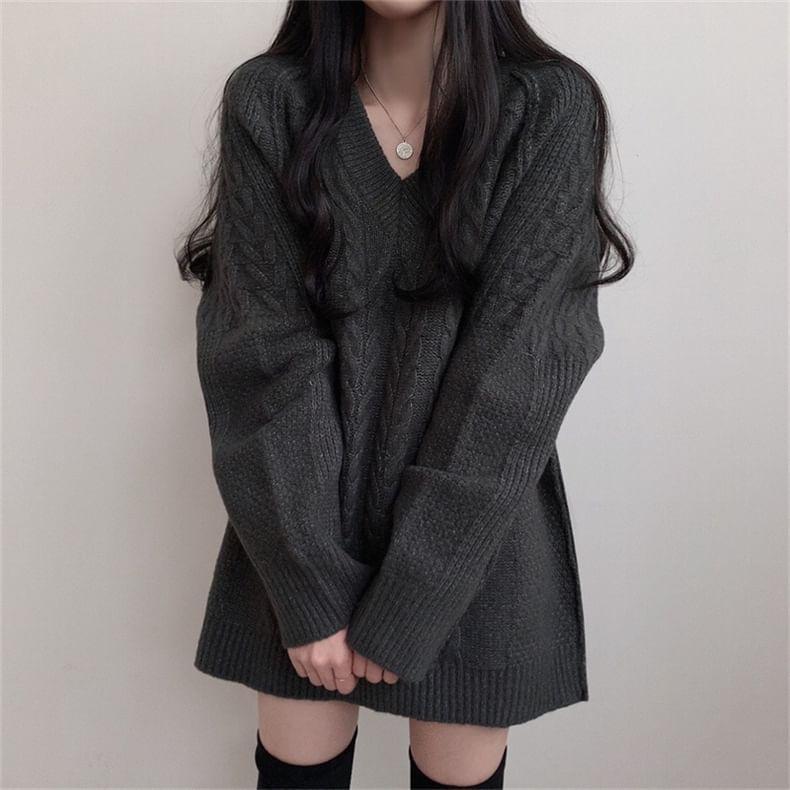 V-Neck Plain Cable-Knit Oversized Sweater Product Image