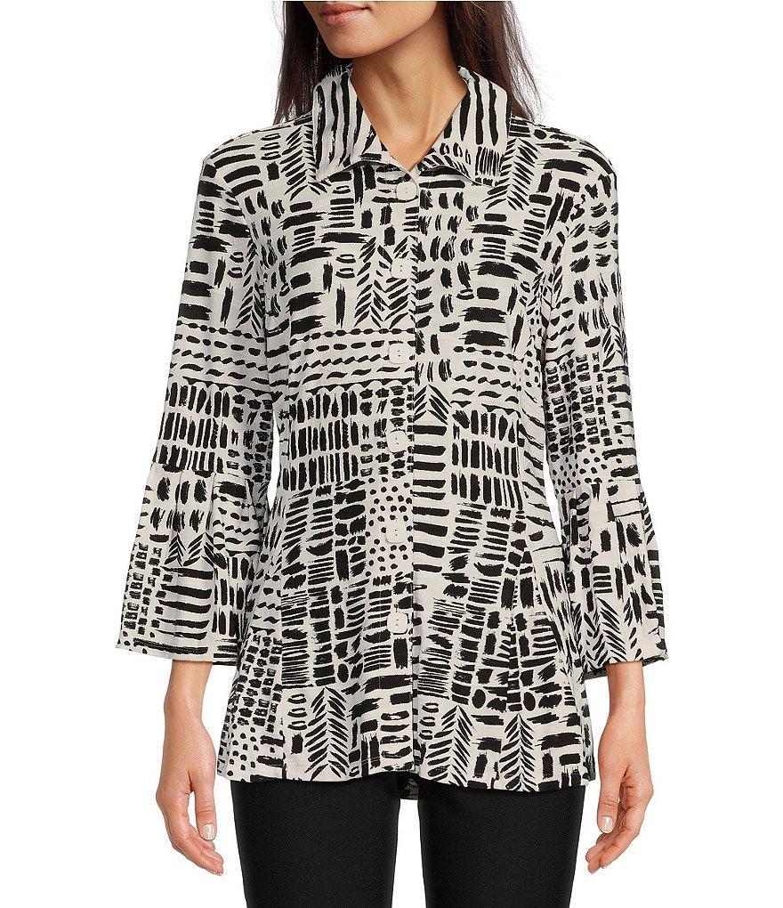 Ali Miles Knit Print Point Collar 3/4 Bell Sleeve Button-Front Tunic Product Image