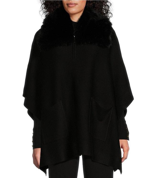 Investments Petite Size Removable Faux Fur Zip Point Collar Elbow Sleeve Sweater Poncho Product Image