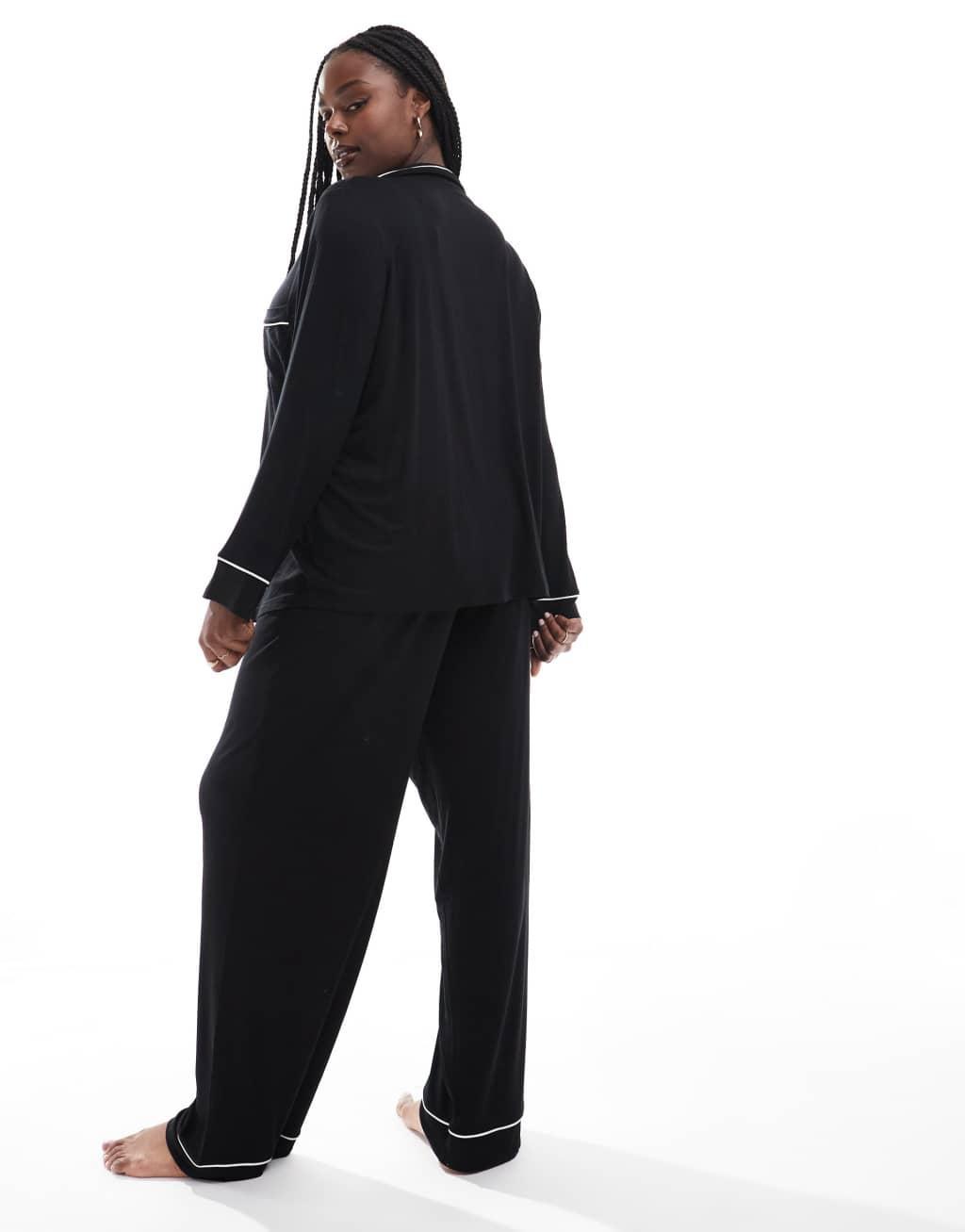 ASOS DESIGN Curve super soft long sleeve shirt & pants pajama set with contrast piping in black Product Image