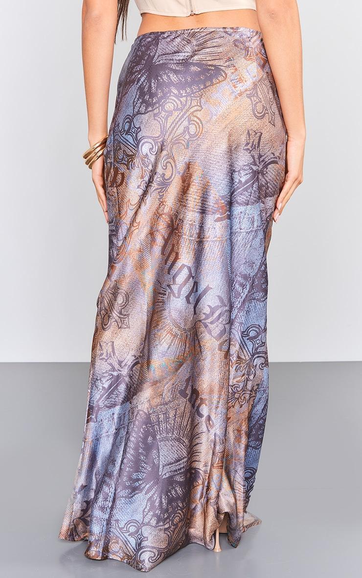 Brown Newspaper Print Satin Basic Maxi Skirt Product Image