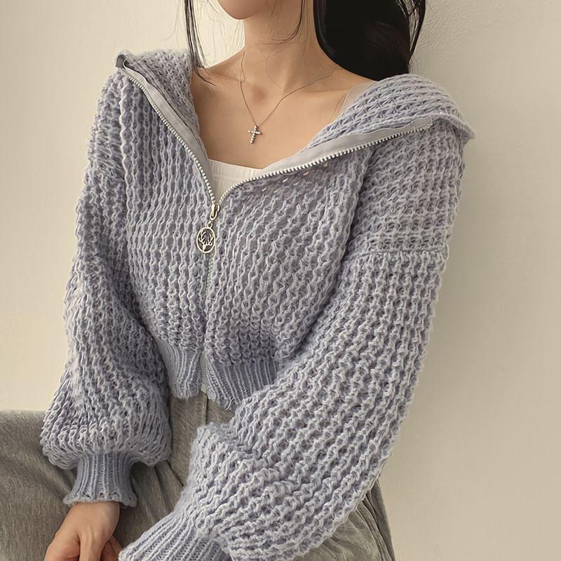 Plain Zip-Up Crop Knit Hoodie Product Image