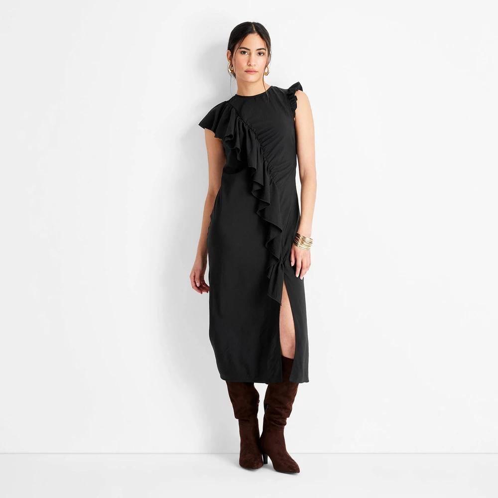 Womens Flutter Mini Cap Sleeve Asymmetrical Ruffle Ankle Dress - Future Collective Black XL Product Image