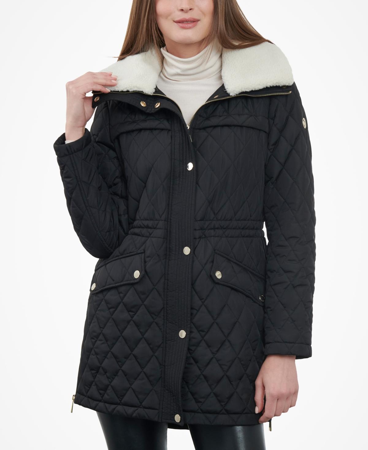 Michael Michael Kors Womens Petite Faux-Fur-Collar Quilted Coat Product Image