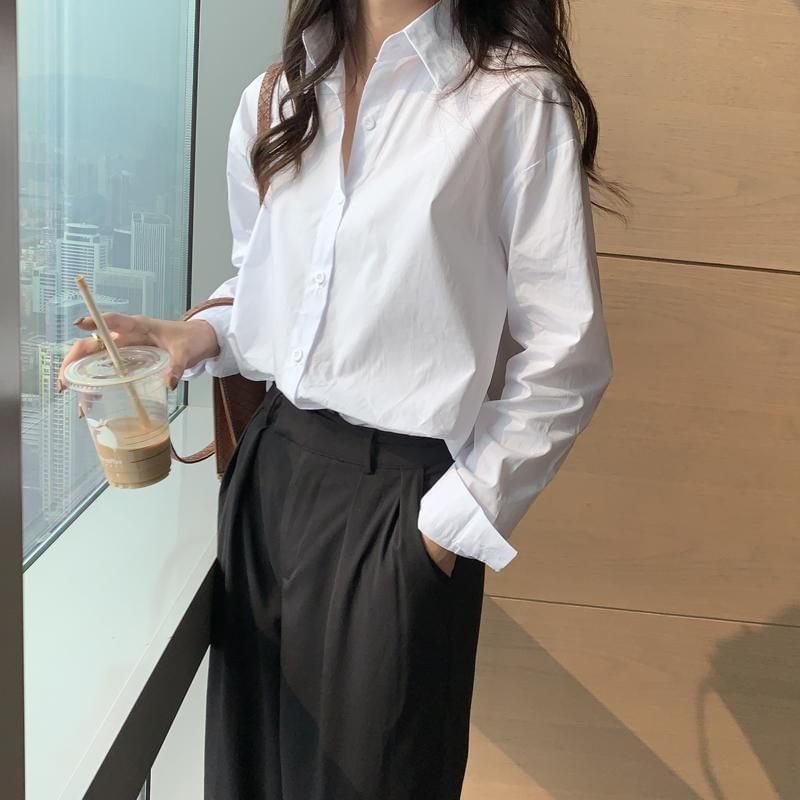 Long Sleeve Collared Plain Button Down Oversized Shirt Product Image