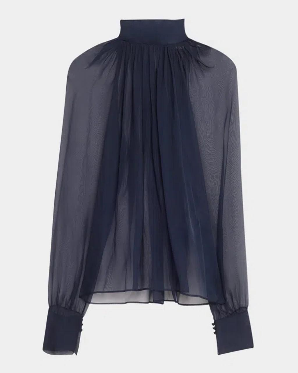 SAINT LAURENT Sheer Ruched Hig-neck Blouse In Midnight Blue Product Image