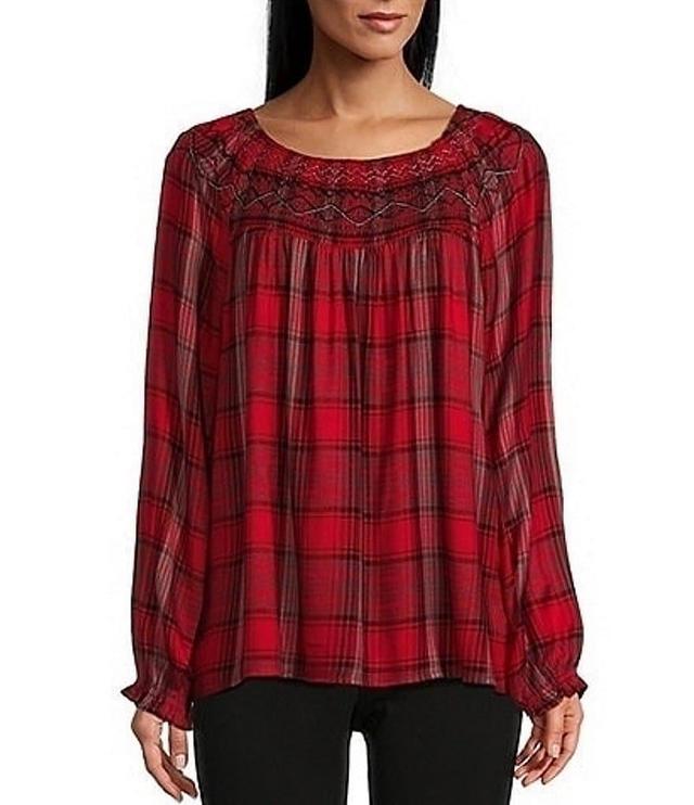 Intro Petite Size Yarn-Dye Embroidered Smocked Scoop Neck Long Sleeve Plaid Print Top Product Image