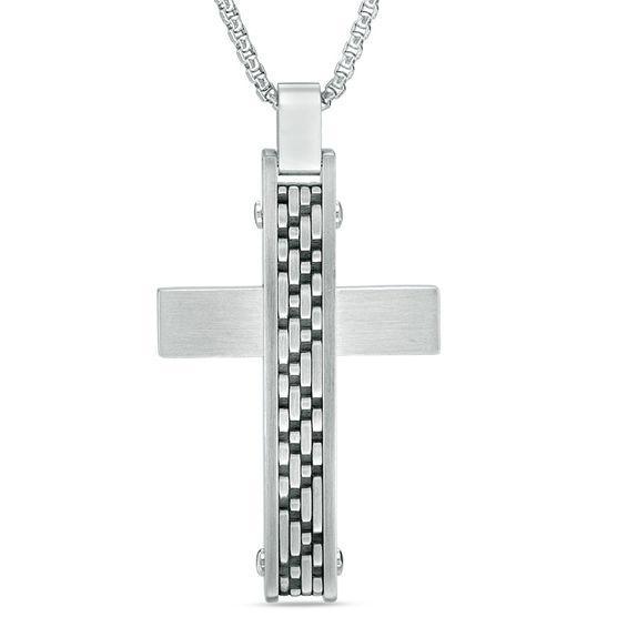 Men's Cross Pendant in Stainless Steel with Black IP - 24" Product Image