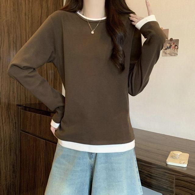 Long Sleeve Round Neck Mock Two Piece Tee Product Image