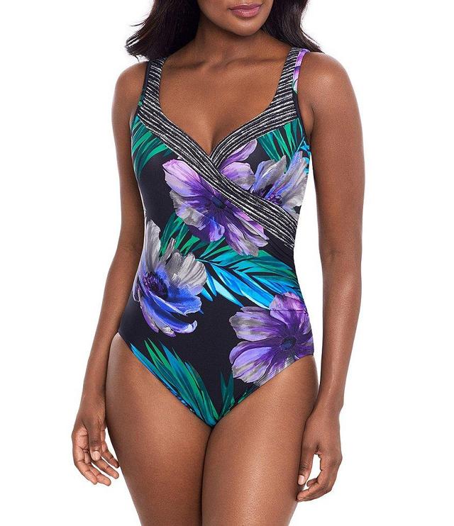 Miraclesuit Flora Aura It's A Wrap Printed Surplice V-Neck Padded Straps Underwire One Piece Swimsuit Product Image