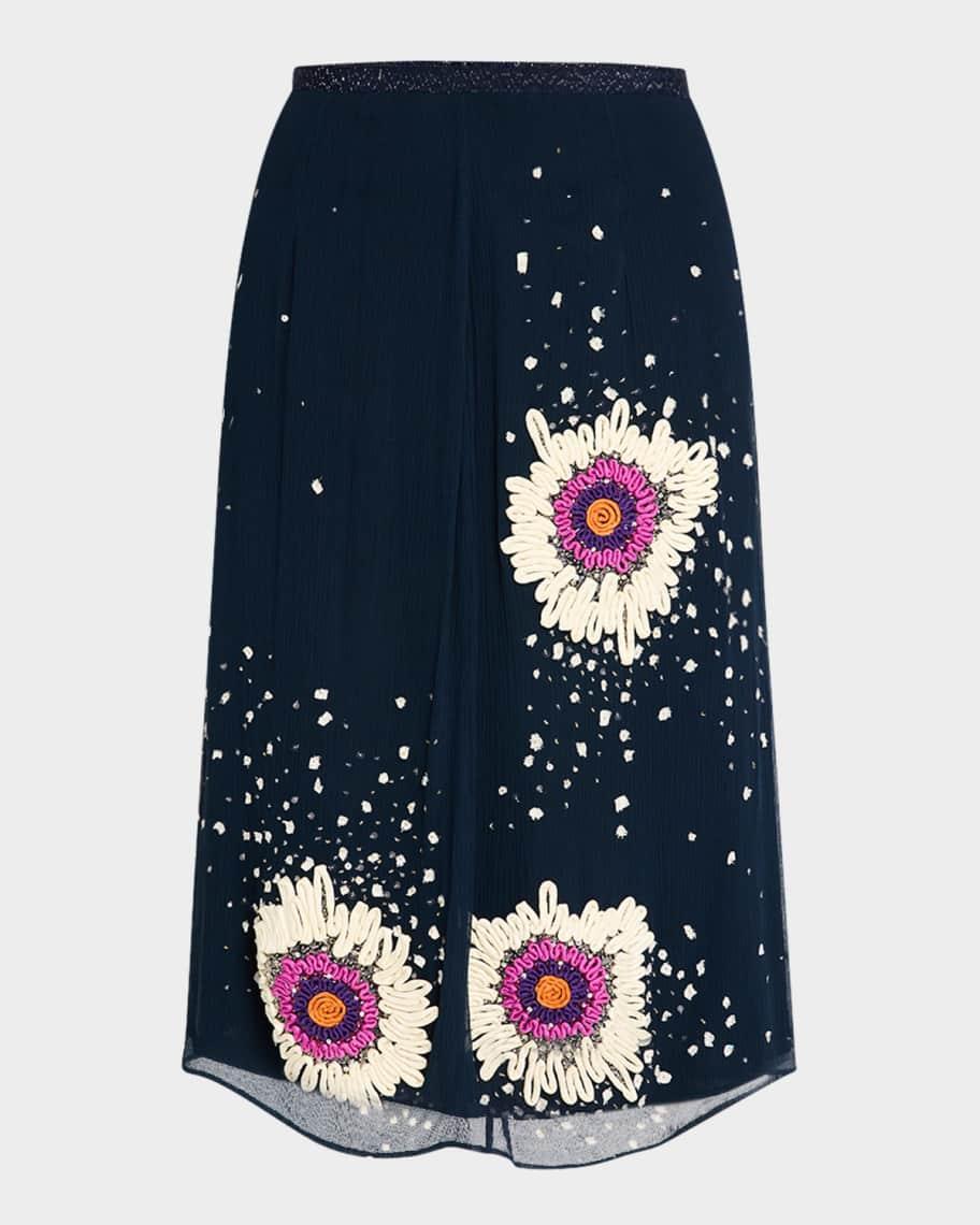 Embroidered Silk Plisse Midi Skirt Product Image