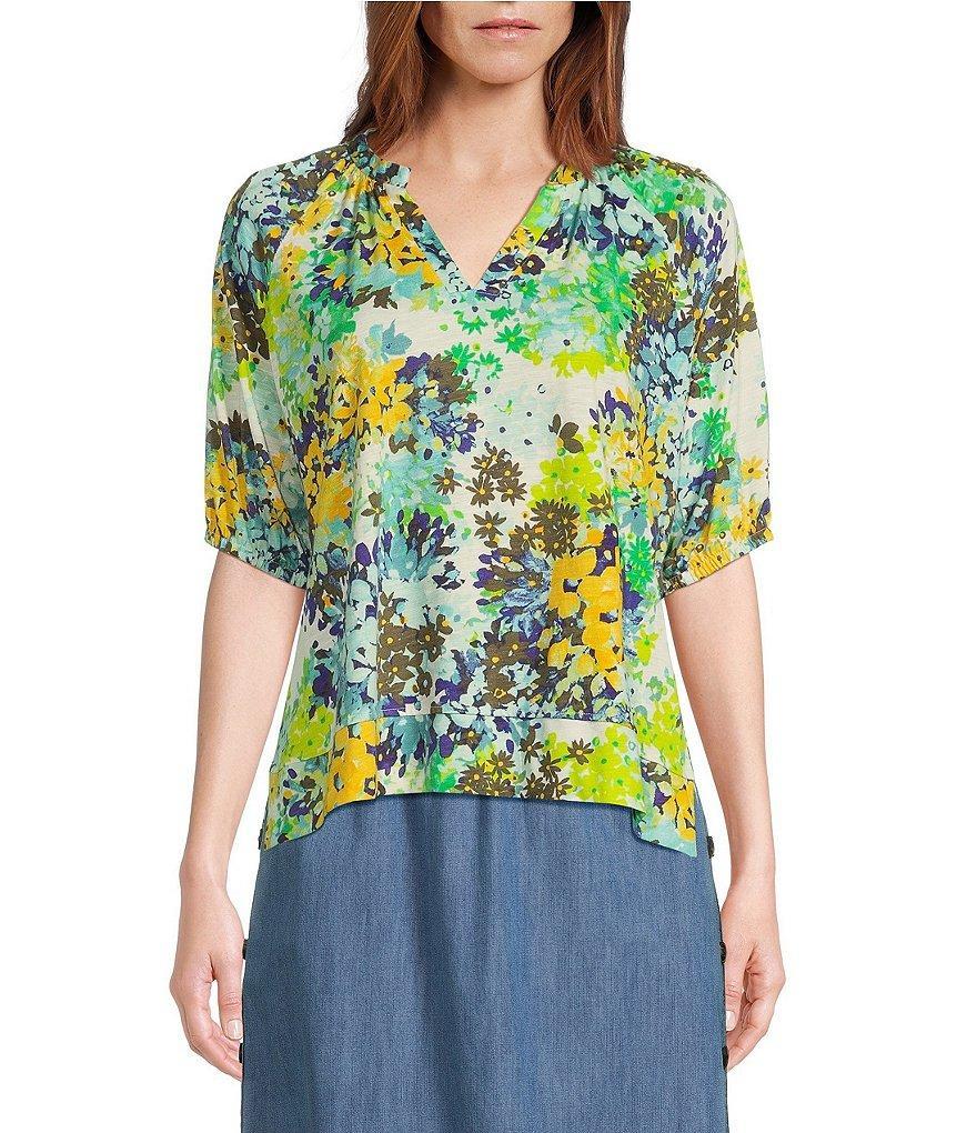 Westbound Petite Size Elbow Puff Sleeve V-Neck Bloom Top product image