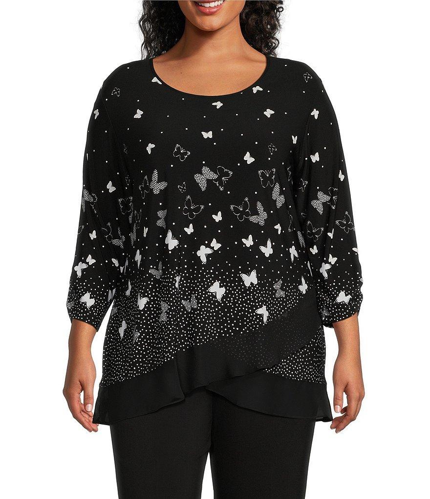 Allison Daley Plus Size Butterfly Print 3/4 Ruched Sleeve Crew Neck Ruffle Hem Knit Top Product Image