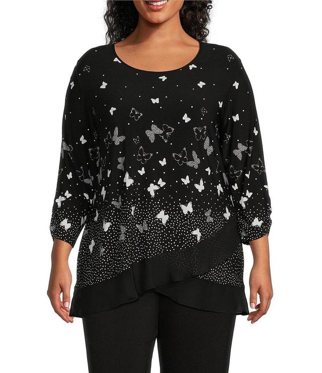 Allison Daley Plus Size Butterfly Print 3/4 Ruched Sleeve Crew Neck Ruffle Hem Knit Top Product Image