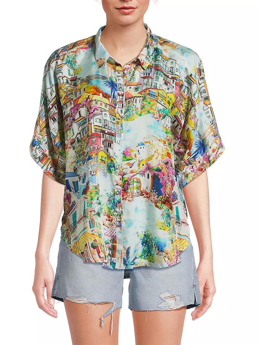 Lynn Illustrated Silk Button-Front Shirt Product Image