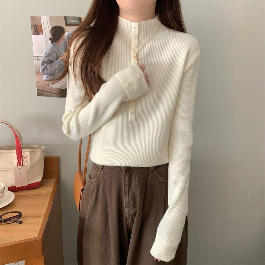 Long-Sleeve Mock Neck Half Buttoned Plain Knit Top Product Image