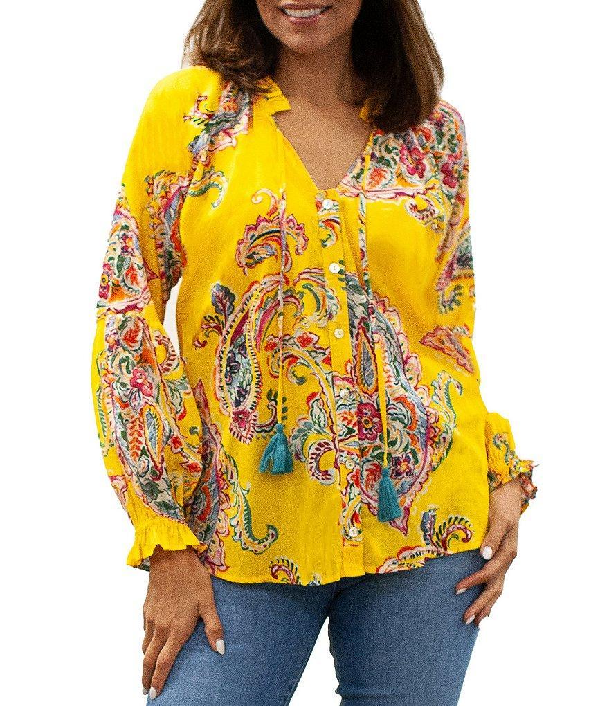 Karyn Seo Watercolor Paisley Print V-Neck Long Peasant Sleeve Blouse Product Image