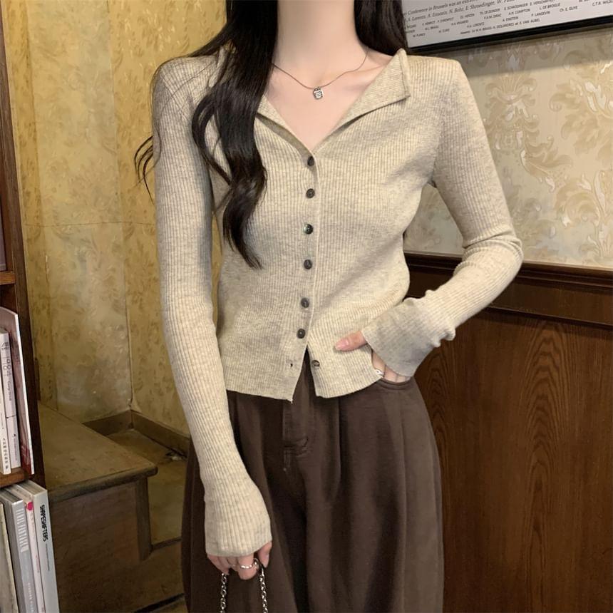 Split Neck Plain Button-Up Crop Cardigan Product Image