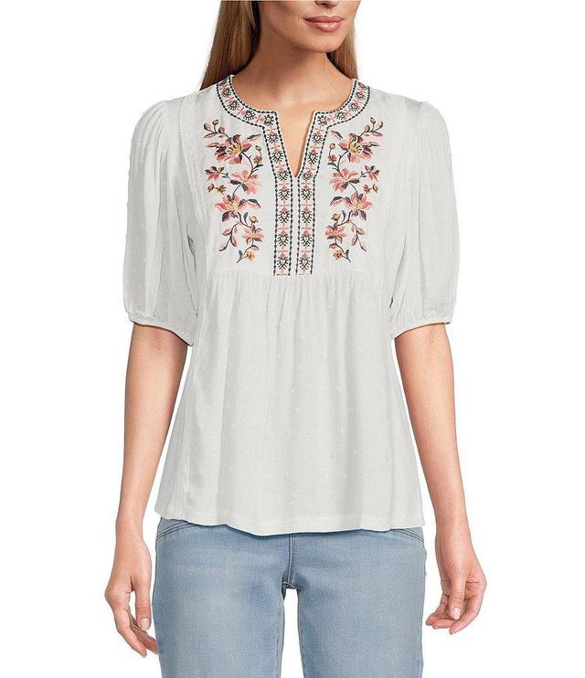 Nurture by Westbound Petite Size Elbow Sleeve Embroidered Square Yoke Top Product Image