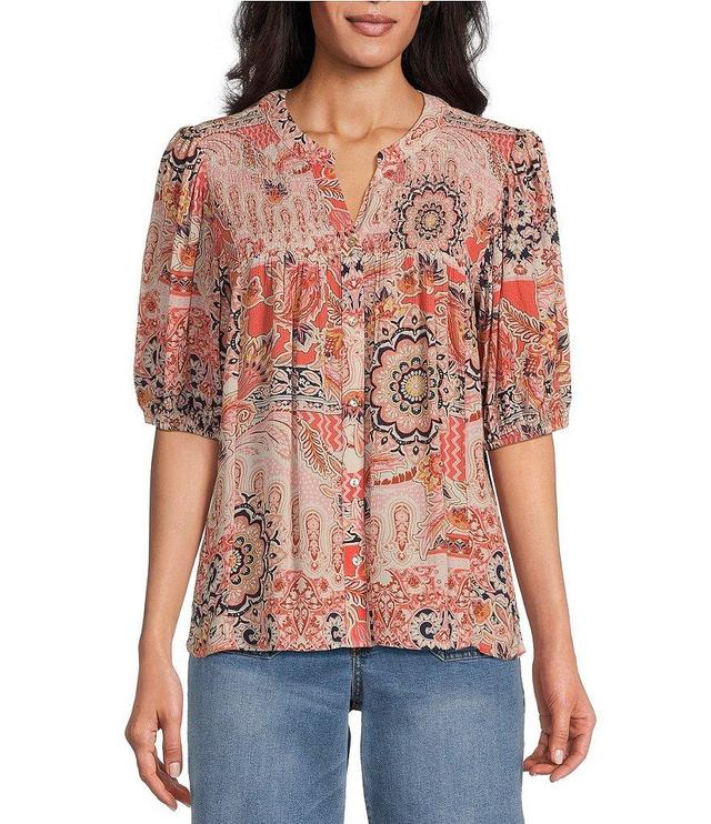 Nurture by Westbound Petite Size Smocked Front Elbow Sleeves Button Down Top Product Image