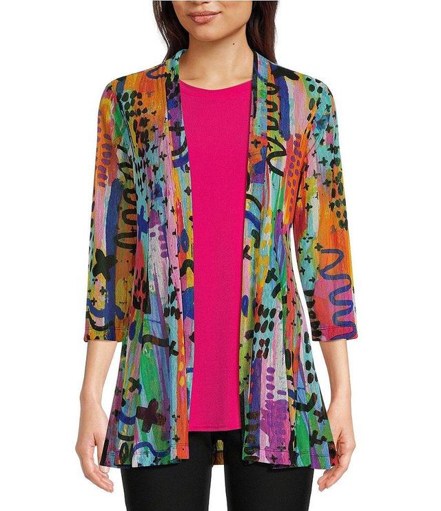 Ali Miles Printed Woven Mesh 3/4 Sleeve Open Front Kimono Product Image