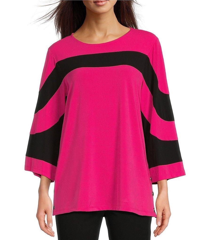 Multiples Colorblock Knit Scoop neck 3/4 Sleeve Side Button Hem Details Top Product Image