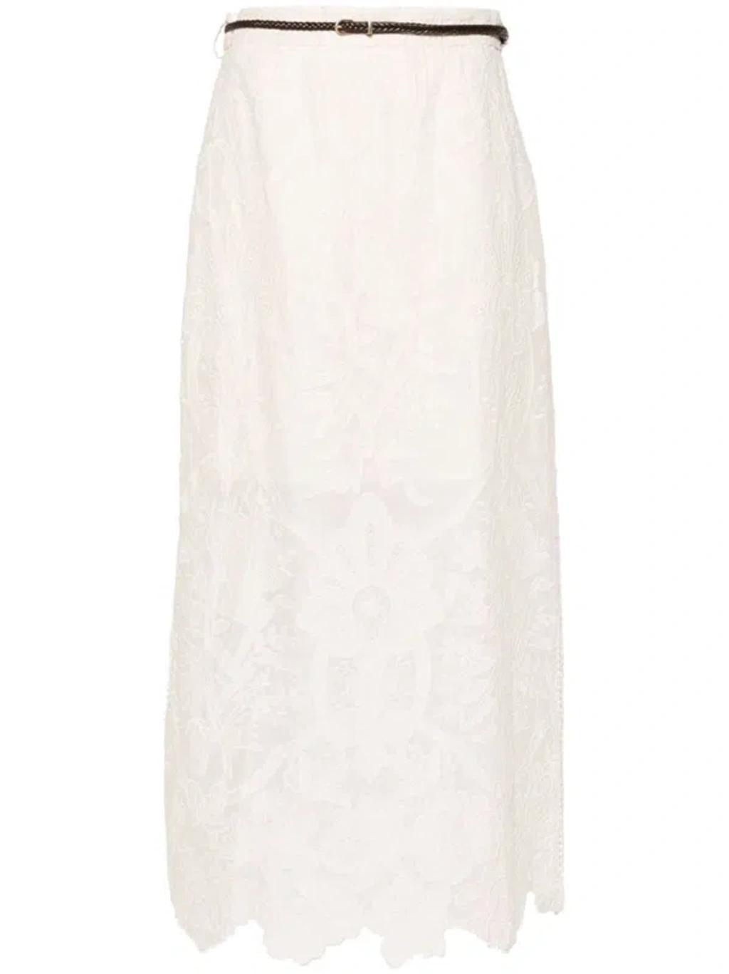 Embroidered Linen Midi Skirt In Beige Product Image