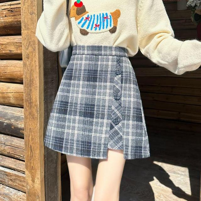 High Waist Plaid Asymmetrical Panel Mini A-Line Skirt Product Image