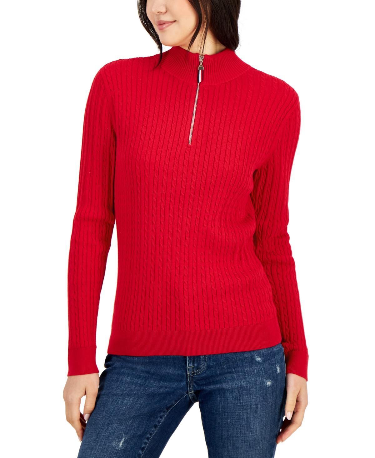 Tommy Hilfiger Womens Cotton Quarter-Zip Cable-Knit Sweater Product Image