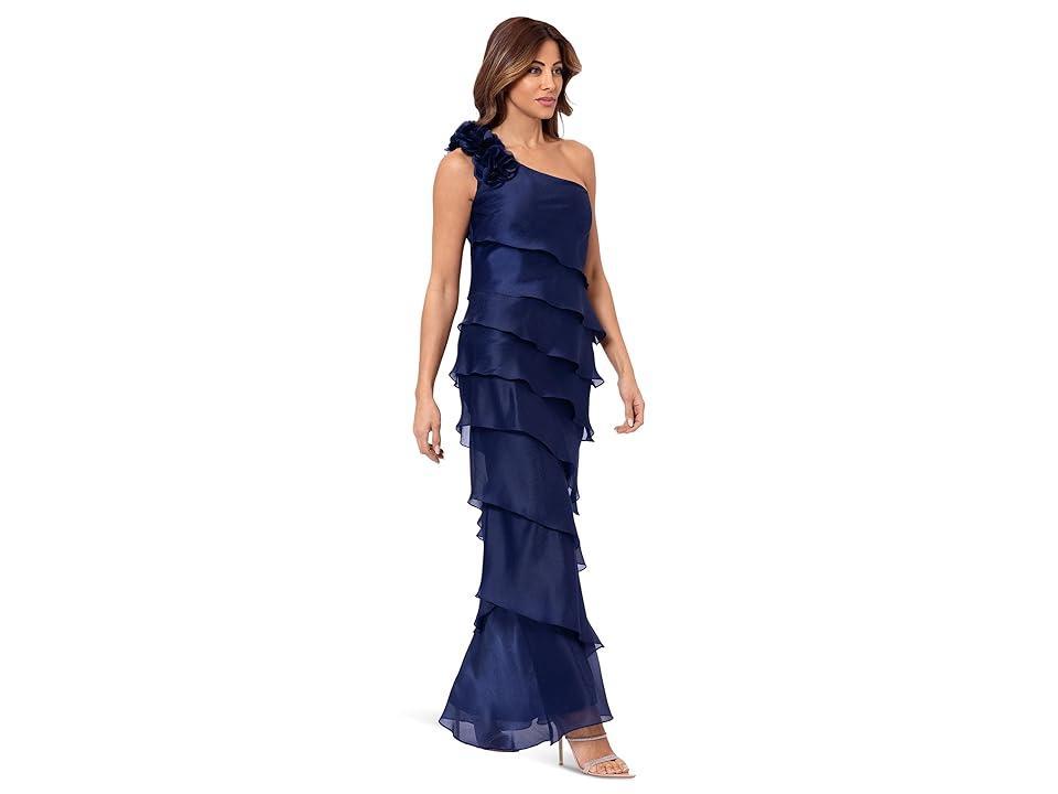 XSCAPE Long Metallic Organza Tiered One Shoulder Women's Dress Product Image