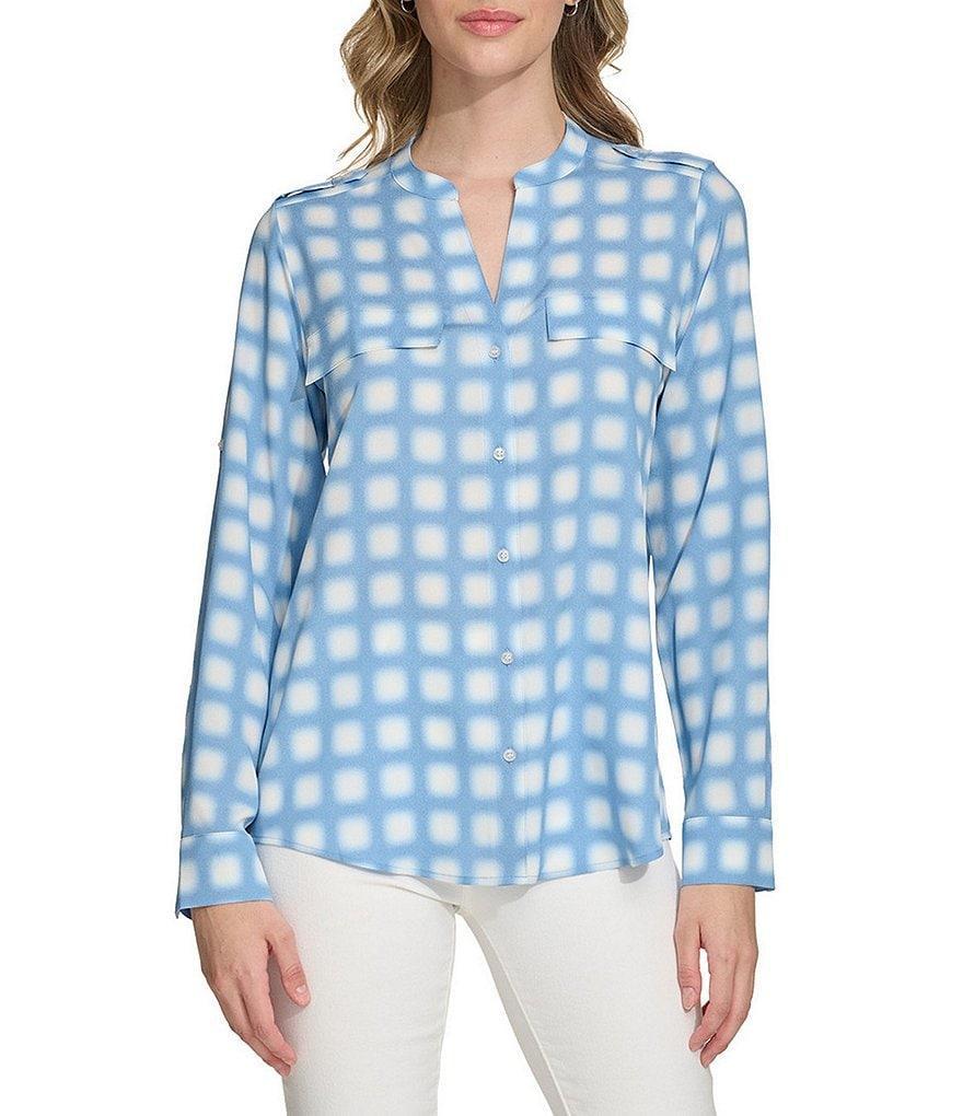 Calvin Klein Gingham Printed V-Neck Flap Pocket Long Sleeve Roll Tab Blouse Product Image