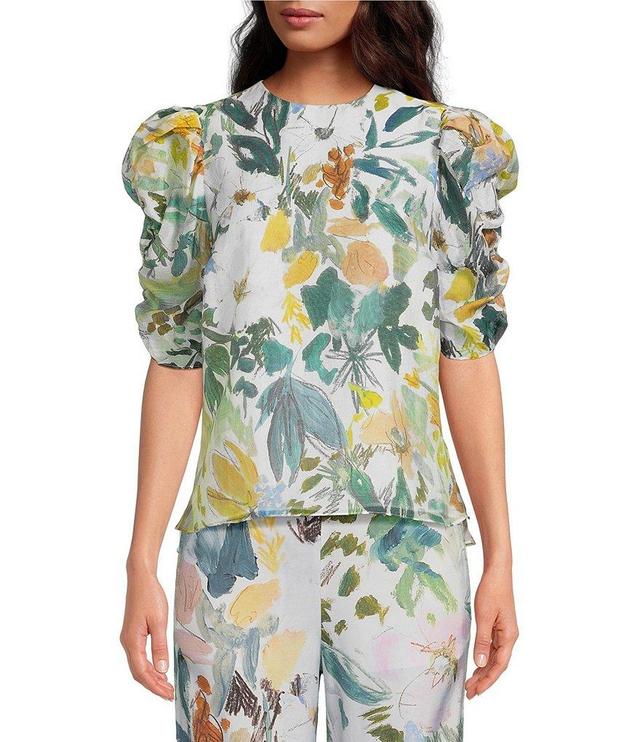 Ted Baker London Oasia Woven Recycled Polyester Crew Neck Short Ruched Puff Sleeve Boxy Blouse Product Image