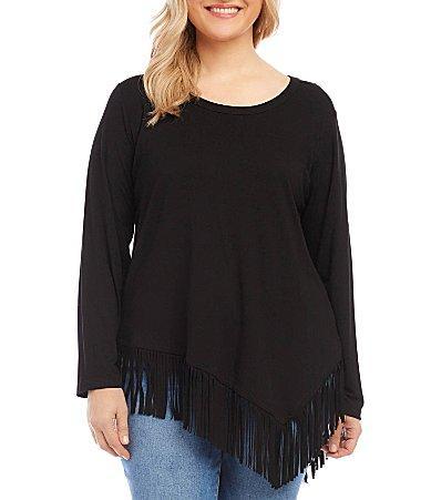 Karen Kane Asymmetric Long Sleeve Fringe Top Product Image