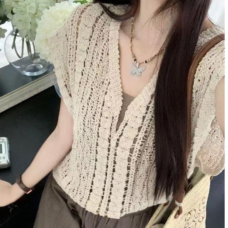 Sleeveless V-Neck Crochet Knit Top Product Image