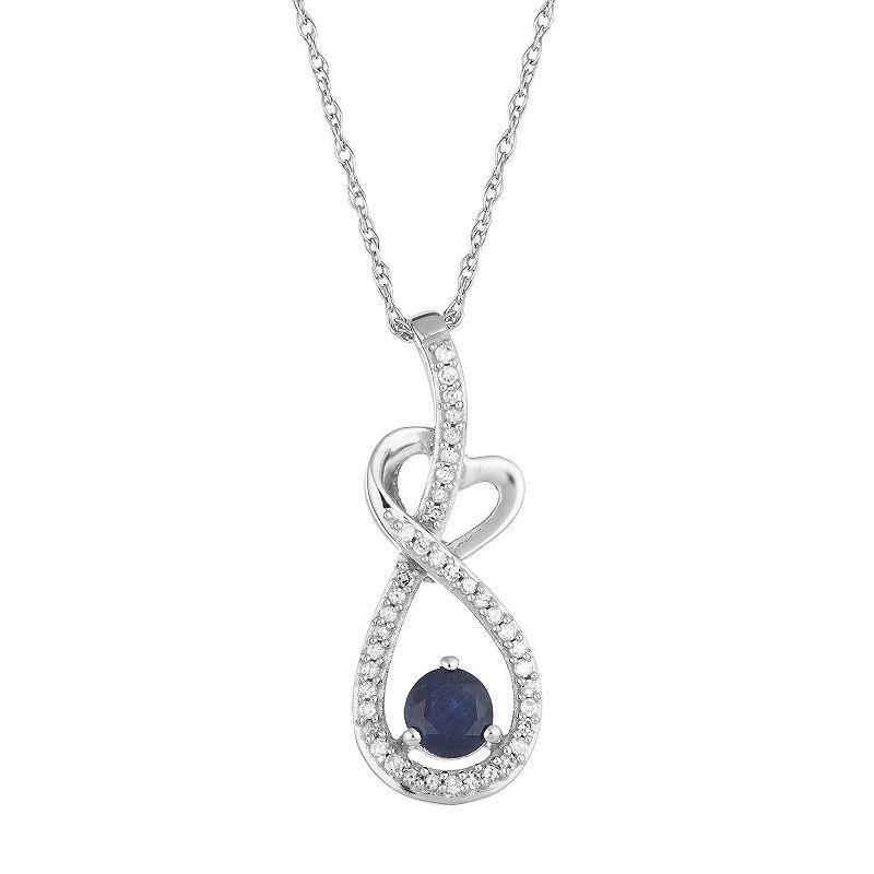 10k White Gold Sapphire & 1/8 Carat T.W. Diamond Heart Drop Pendant, Womens 10k Whgold Product Image