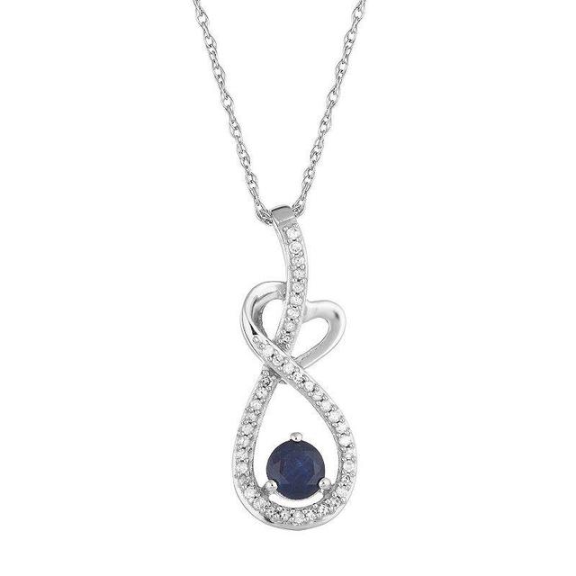 10k White Gold Sapphire & 1/8 Carat T.W. Diamond Heart Drop Pendant, Womens 10k Whgold Product Image