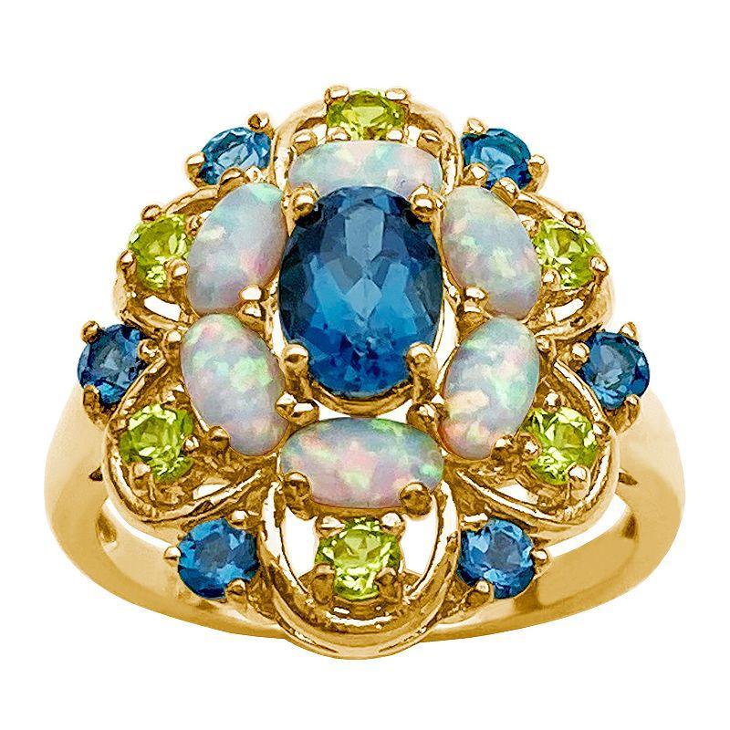 18k Gold Over Sterling Silver Lab-Created Opal With Swiss Blue Topaz & Peridot Pendant Ring, Womens Product Image