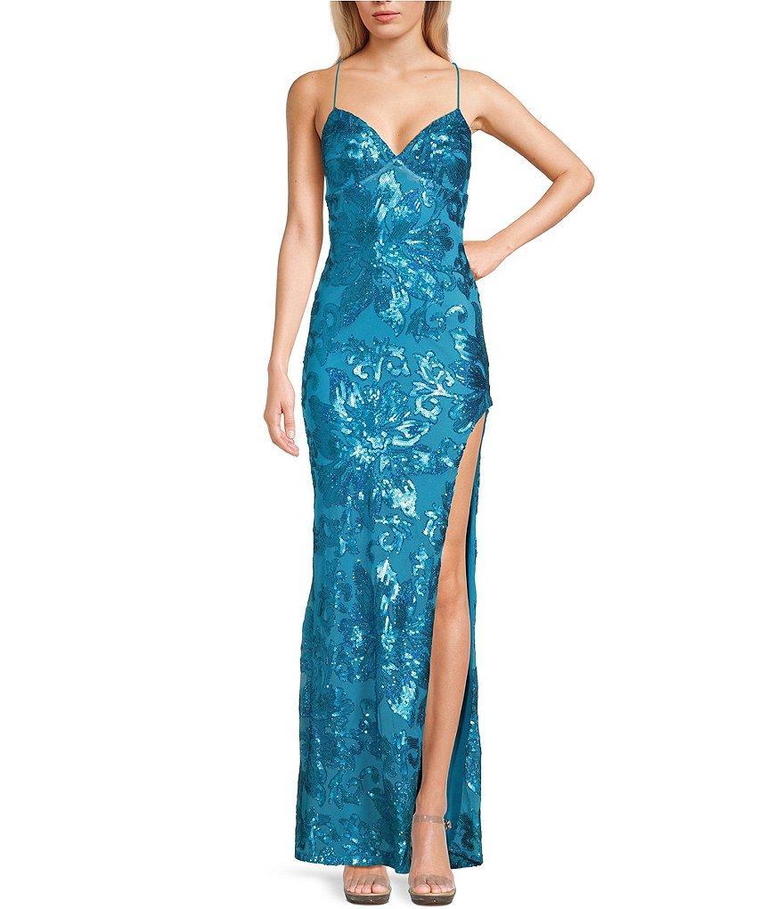 B. Darlin Pattern Sequin Front Slit Strappy Back Long Dress Product Image